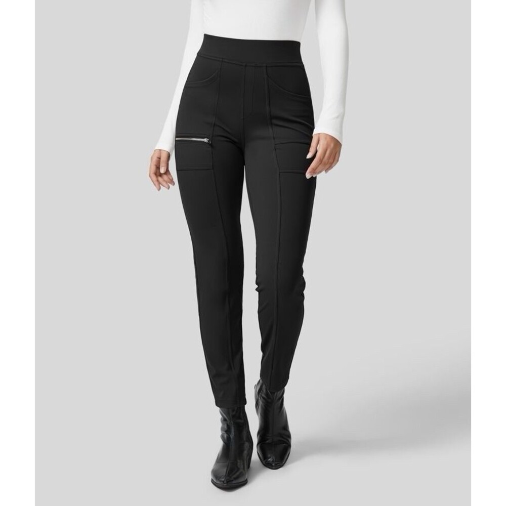 Halara Womens Medium Black High Waisted Pocket Zipper Darted Slim Pants Moto
